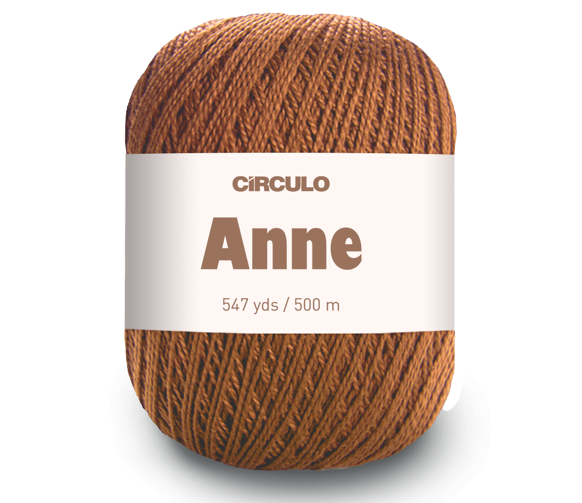 A single ball of yarn Circulo ANNE - 100% mercerized Cotton Yarn, 500m / 147g - wrapped with a white paper label. The yarn is a warm, heathered medium brown color, and the background is a clean white studio setting.