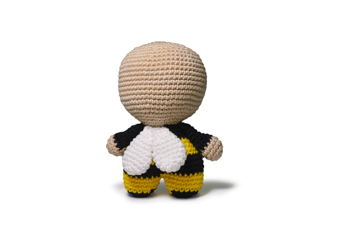 Close-up of finished Bee amigurumi.