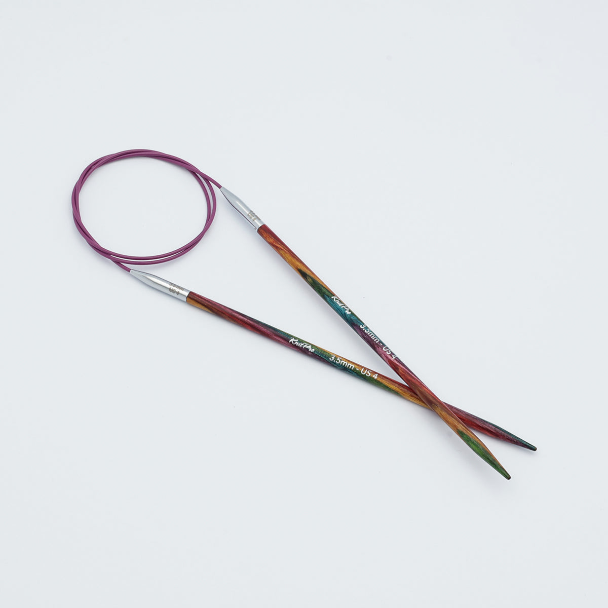KnitPro Symfonie 2 fixed circular knitting needles with swivel cable, 40 cm - Circular knitting needles with a multicolor gradient shaft and a purple cable, shown on a clean white background.