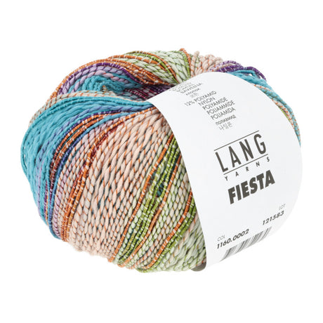 Lang Yarns Fiesta yarn, Light Blue/Pink/Green/Orange, colour 0002, ball photograph