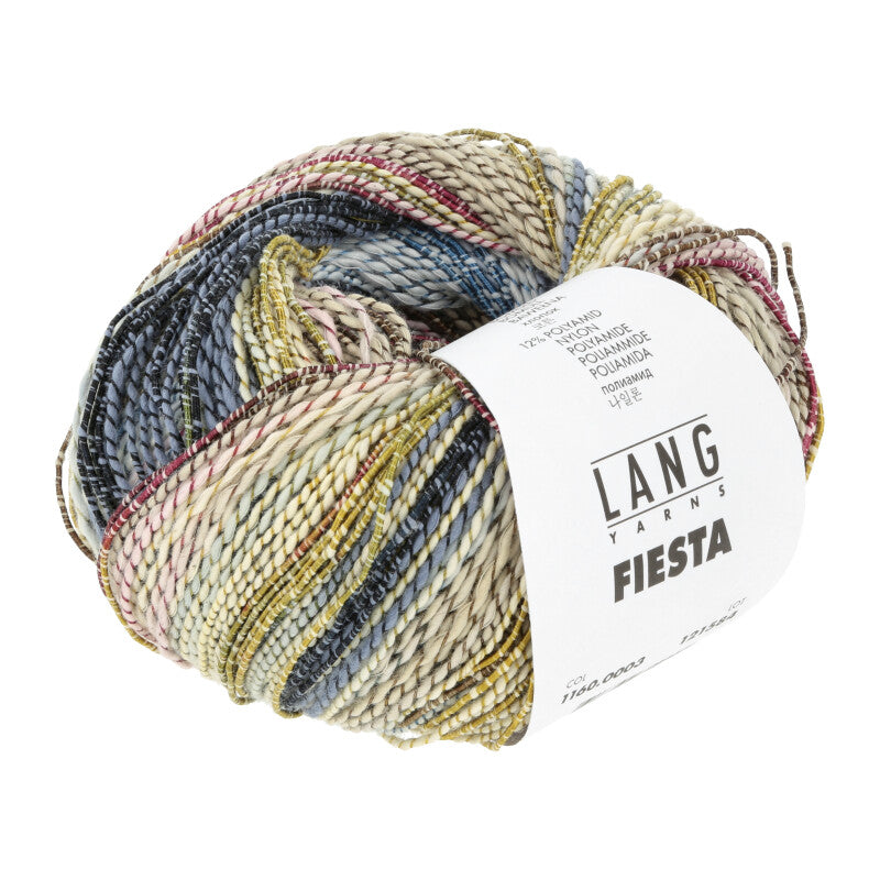 Lang Yarns Fiesta yarn, Yellow/Dark Blue/Rose/Beige, colour 0003, ball photograph