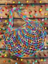 Círculo Natural Cotton Multicolor 4/6 – Cotton Yarn (226 m / 200 g) – Large handmade crochet market bag made with multicolored cotton yarn.