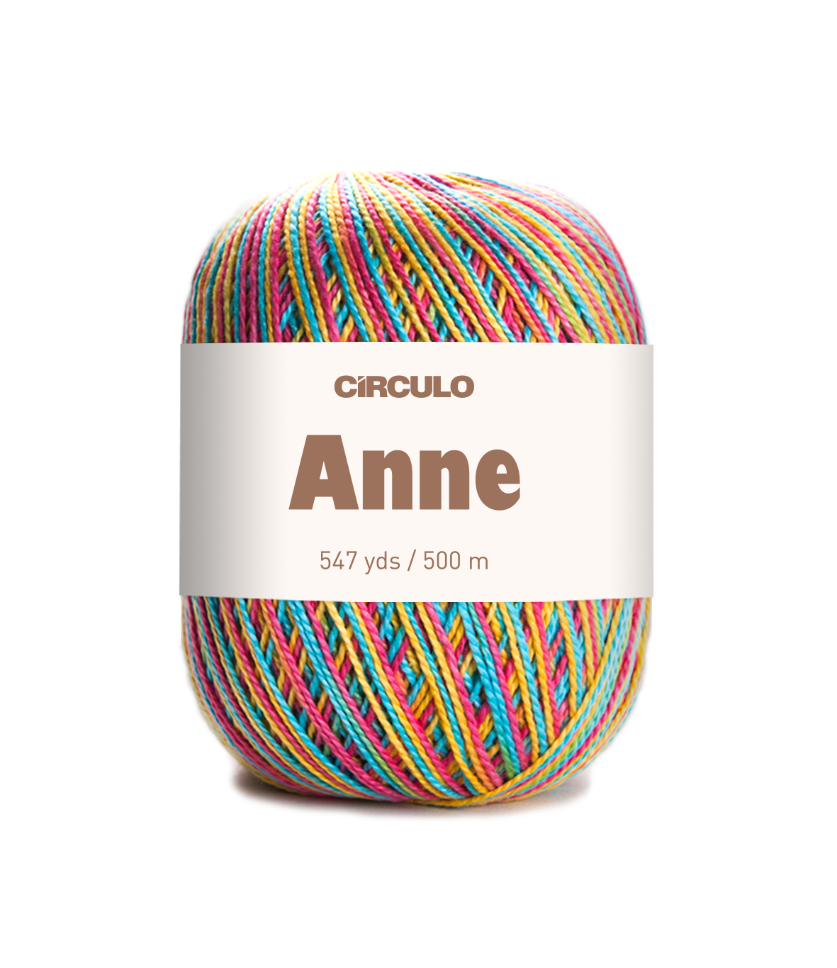 Circulo ANNE - 100% mercerized Cotton Yarn, 500m / 147g - Multicolored ball of yarn with 'Circulo Anne' label on a white background