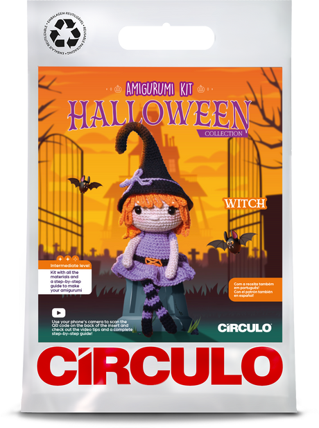 Circulo Amigurumi Kit Halloween Collection - Crochet Kit - Witch -Circulo Halloween-themed crochet kit packaging with a witch design on an orange background.