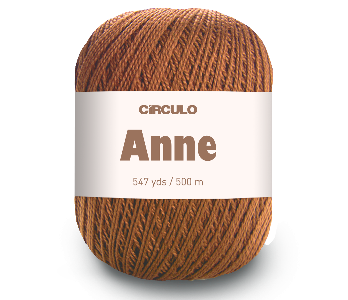 A single ball of yarn Circulo ANNE - 100% mercerized Cotton Yarn, 500m / 147g - wrapped with a white paper label. The yarn is a warm, heathered medium brown color, and the background is a clean white studio setting.