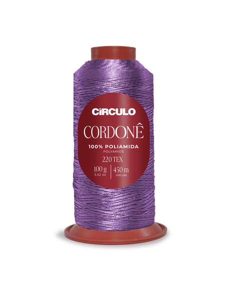 Circulo Cordone 100% Polyamide Crochet Yarn, 450 m / 100 g - Spool of purple thread with 'Circulo' branding on a white background