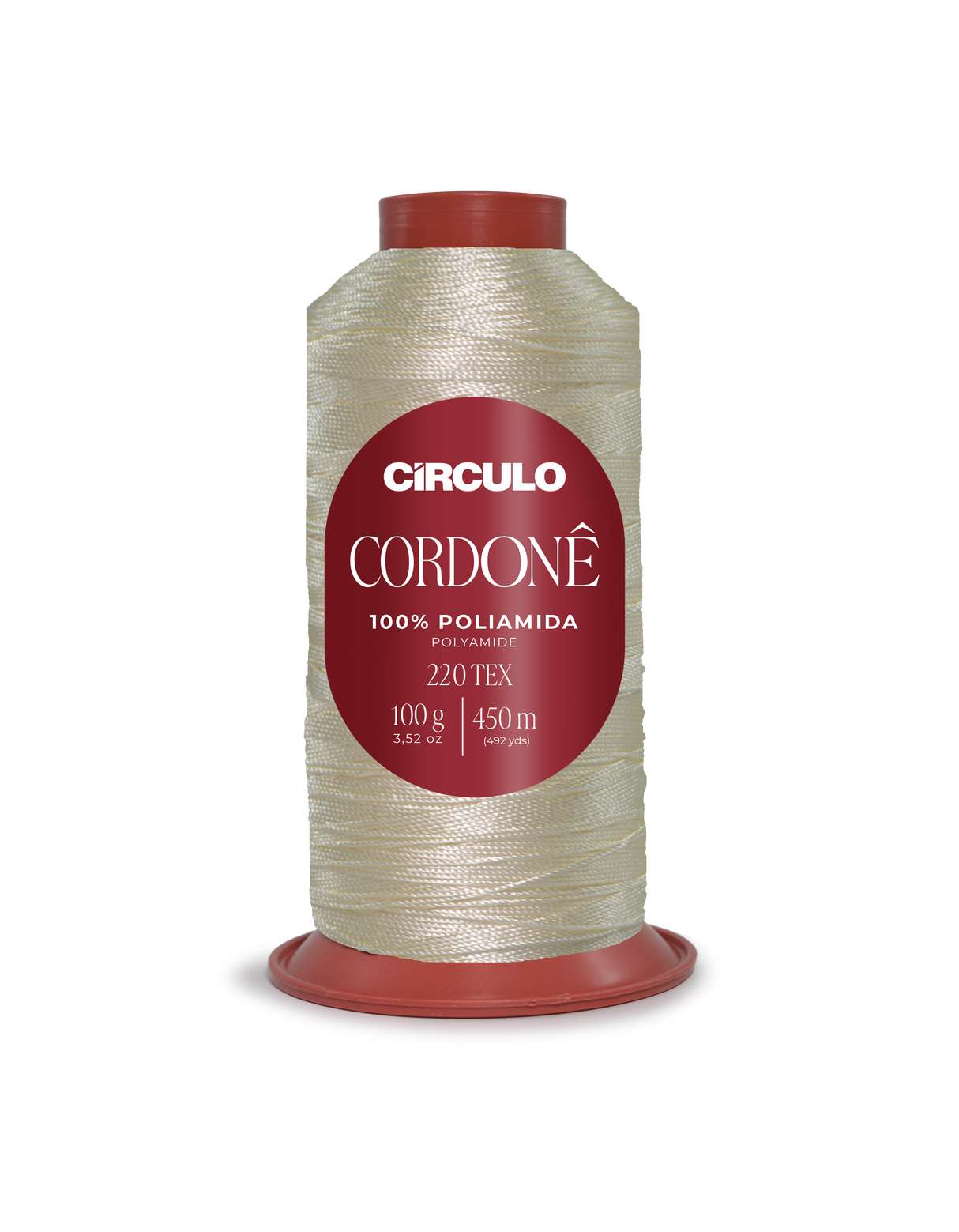 Circulo Cordone 100% Polyamide Crochet Yarn, 450 m / 100 g - Spool of Circulo thread with red label on a white background