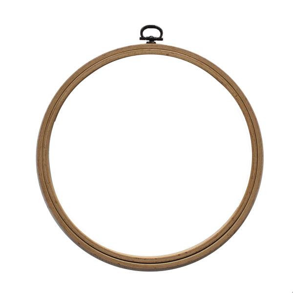 Beech wood embroidery hoop with metal hook.
