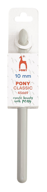 Pony Classic Plastic Crochet Hooks – 15 & 17 cm - A 10 mm Pony Classic crochet hook with its original white cardboard packaging, featuring the brand logo and product details.