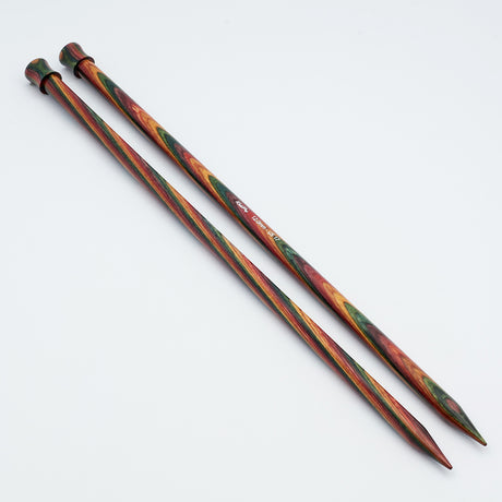 KnitPro Symfonie 2 single pointed knitting needles, 40 cm - Two long knitting needles with a colorful wood grain pattern of green, red, and brown, photographed on a clean white background.